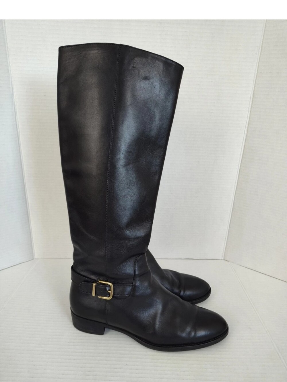 J Crew Black Leather Riding Boots Size 9 Knee High Side Zip Gold Buckle #A9829